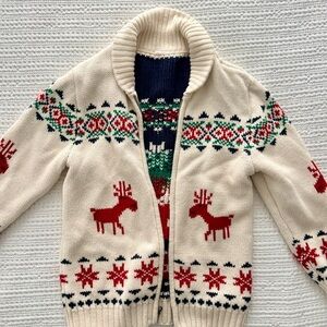 Hanna Andersson Cream Nordic Reindeer Zip Cardigan with Red & Green Fair Isle